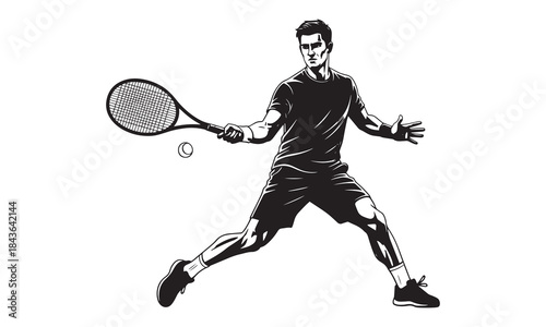 Tennis player hitting forehand stroke with racket and ball