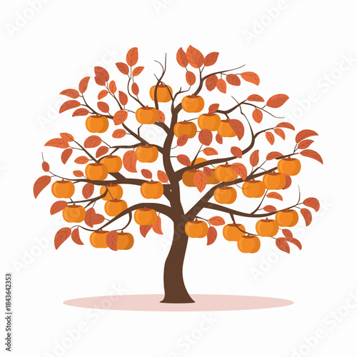 A beautiful autumn tree displaying vibrant orange fruits and falling leaves, capturing the essence of seasonal change and fruitfulness in a warm design.