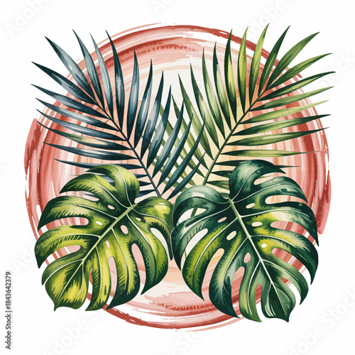 This artwork showcases lush green tropical leaves set against a vibrant, artistic backdrop, symbolizing nature's vibrancy and creativity while evoking a tropical paradise feel.