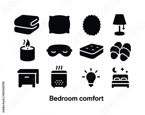 Bedroom Comfort Icons. Bedroom comfort. Solid icon set of bedroo