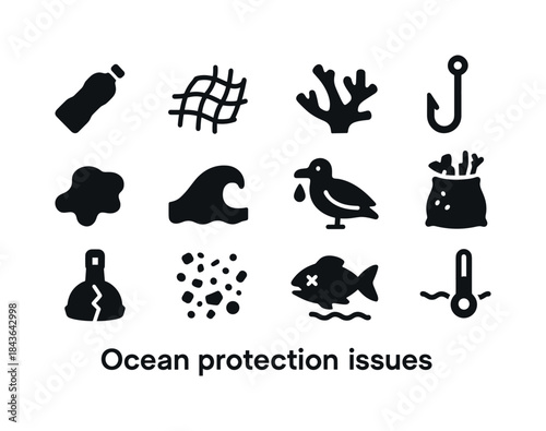 Ocean Pollution Icons. Ocean protection issues. Solid icon set o