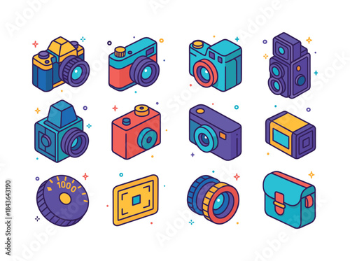 Colorful Film Camera Icons. Film Cameras. Colorful isometric vec