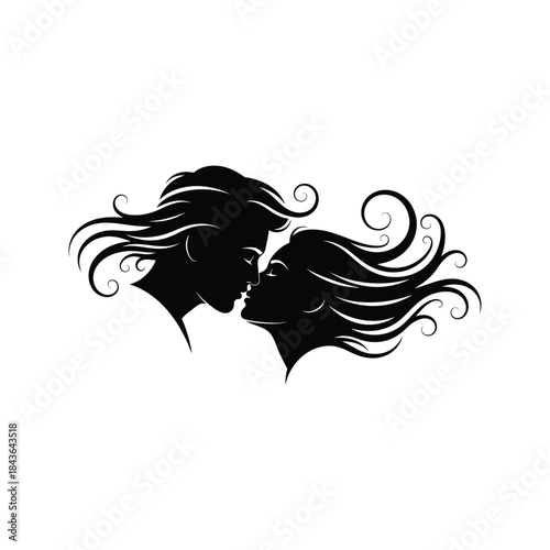 Romantic silhouette of a couple kissing with flowing hair against a white background