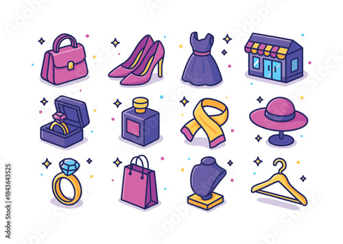 Luxury Boutique Icons. luxury boutique. Colorful isometric vecto