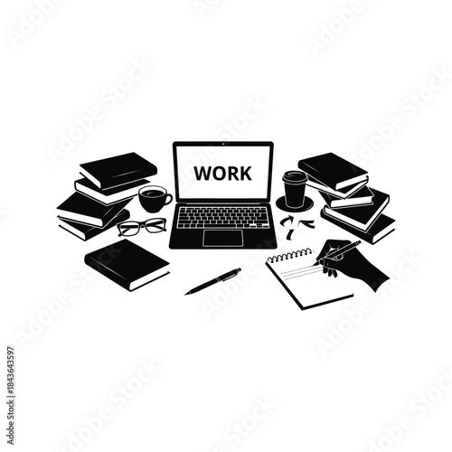 Silhouette of a desk with laptop books coffee glasses pen and notebook for work and study