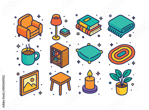 Cozy Reading Icons. Cozy reading nook. Colorful isometric vector