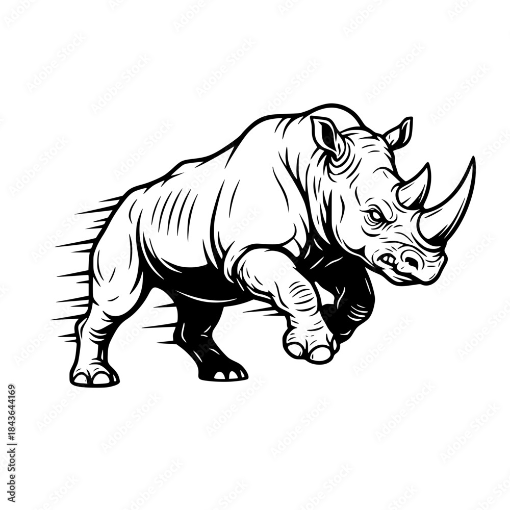 Obraz premium Charging Rhino Line Art. Black and White Vector Icon for Logo, Brute Force Mascot, Aggressive Power Symbol, Wild Animal, or Sports/Toughness Branding. Generative ai 