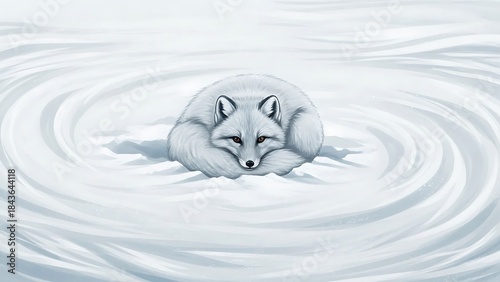 An adorable arctic fox curled up sleeping in the snow during a blizzard
