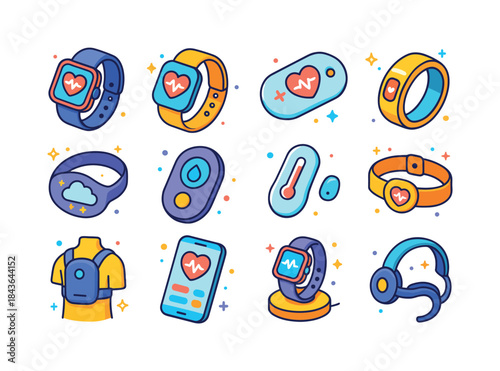 Wearable Health Tech Icons. Wearable health tech. Colorful isome