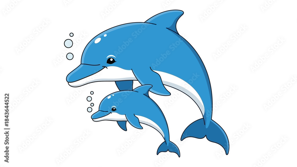 Obraz premium Cute Cartoon Illustration of Mother and Baby Dolphin Swimming Together in Water