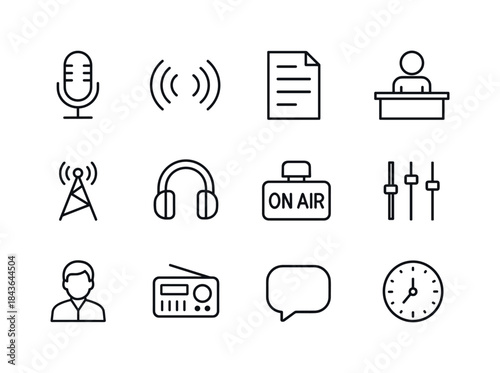 Radio Newsroom Icons. Newsroom for Radio. Line icon set of Newsr