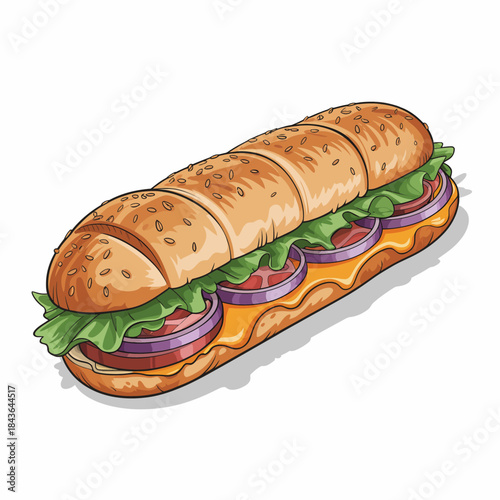 A vibrant submarine sandwich loaded with fresh ingredients like lettuce, onions, and various proteins, perfect for a quick meal or lunch option for everyone.
