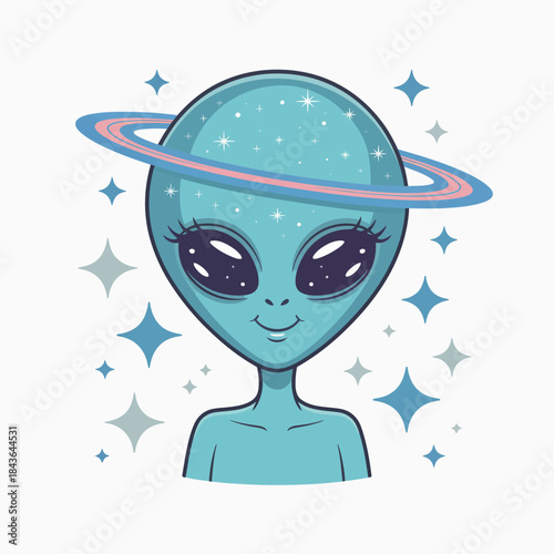 A whimsical, friendly alien character adorned with a planetary ring and surrounded by sparkling stars, embodying curiosity and hope for extraterrestrial life in the universe.