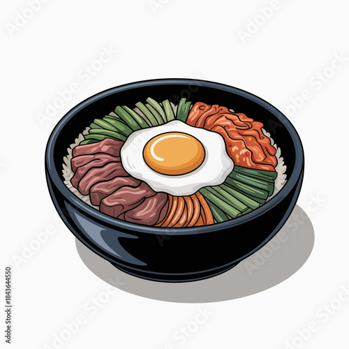 This vibrant bowl of bibimbap features an artistic arrangement of colorful veggies and an egg on rice, showcasing a delicious blend of Korean culinary traditions and flavors.