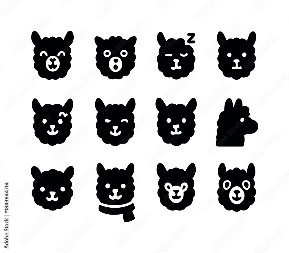 Obraz premium Alpaca Expressions Icons Set. Alpaca faces. Solid icon set of al