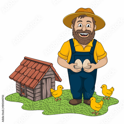 An illustration of a smiling farmer with a beard holding eggs, surrounded by playful chicks and a rustic barn, portraying rural life and farm fun.