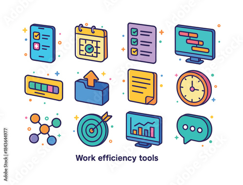 Colorful Work Tools Icons. Work efficiency tools. Colorful isome