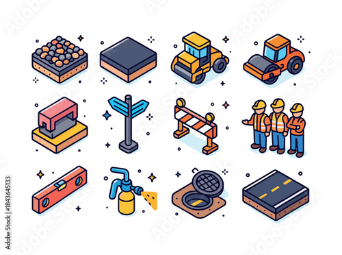 Isometric Road Construction Icons. Road infrastructure building.