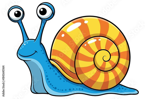 Cute Cartoon Blue Snail with Yellow Striped Shell Isolated on White Background