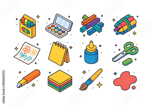 Colorful Kids Art Supplies. Kids art supplies. Colorful isometri