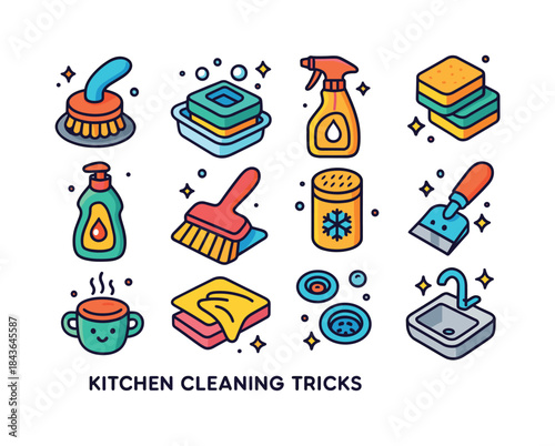 Colorful Kitchen Cleaning Icons. kitchen cleaning tricks. Colorf