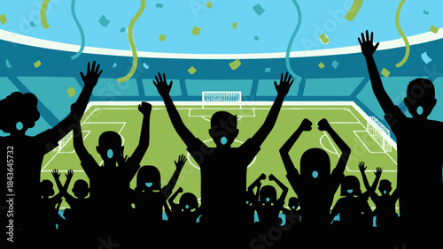 Vector illustration of a crowd of youth silhouettes dancing to DJ music at a fun disco party or club festival stage