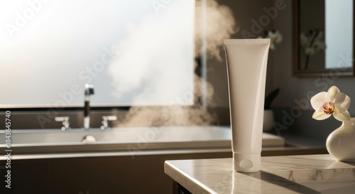 White Cosmetic Tube on Marble Countertop with Steaming Bathtub