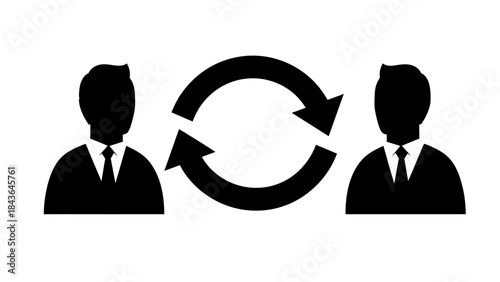 Cartoon illustration of a businessman character in a suit standing with a recycle symbol and arrow icon to represent a green office manager or sustainable business teamwork person