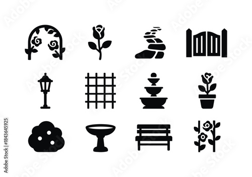 Rose Garden Icons. Rose Garden Path. Solid icon set of Rose Gard