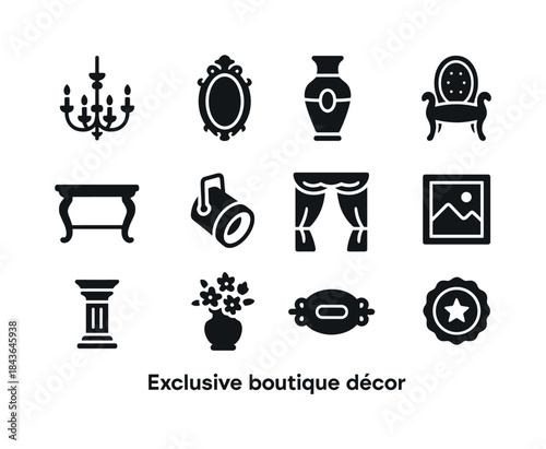 Boutique Decor Icons Grid. Exclusive boutique decor. Solid icon
