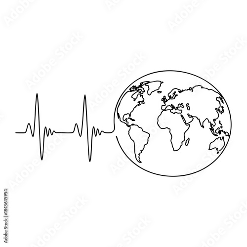 Earth globe planet connected to medical pulse line. Continuous drawing for global health, WHO concepts, travel insurance and international medicine.