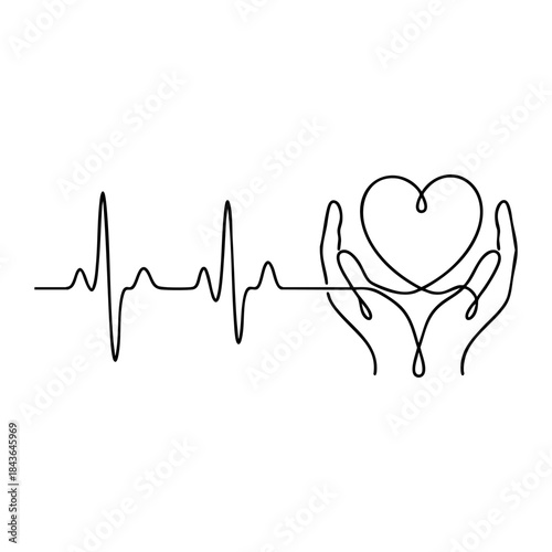 Two hands holding a heart shape integrated into a heartbeat line. Continuous line art for charity, volunteering, heart care and insurance.