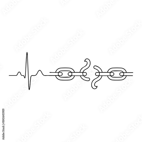 Chain breaking apart inside a heartbeat rhythm. Continuous line drawing symbolizing freedom, addiction recovery, breaking habits or slavery.