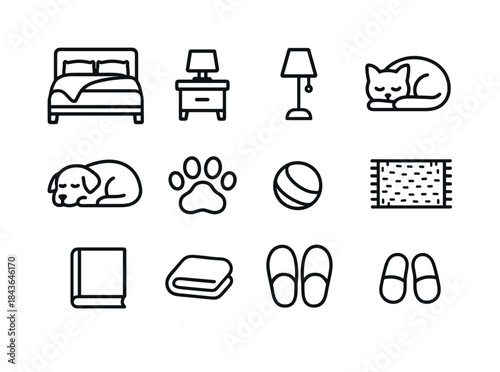 Cozy Bedroom Icons. Cozy Bedroom Scene. Line icon set of Cozy Be