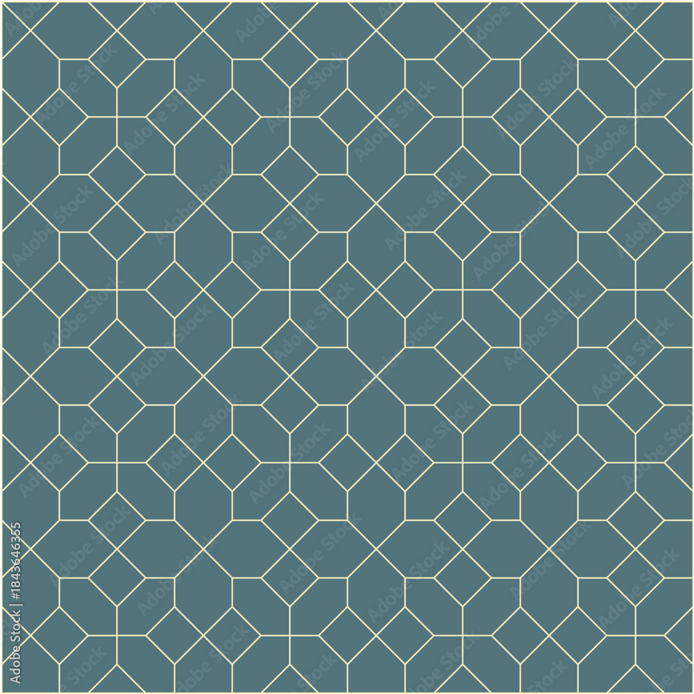 Fototapeta premium Cream grid pattern created from diamonds and irregular hexagons on a teal blue background