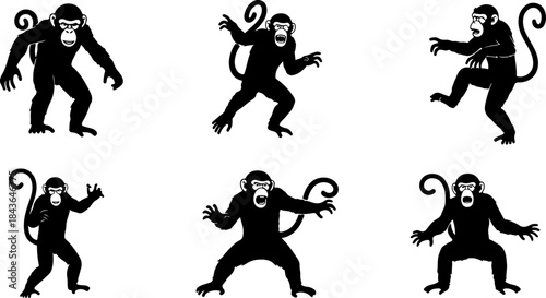 Monkey Silhouette Collection – Primate Poses Black Vector Set