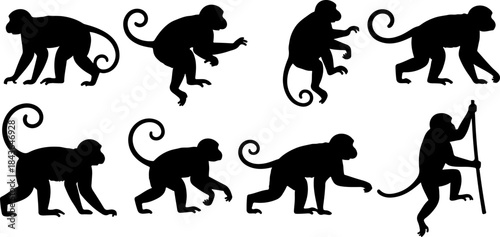 Monkey Silhouette Collection – Primate Poses Black Vector Set