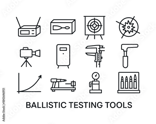 Ballistic Testing Icons. Ballistic Testing Tools. Line icon set