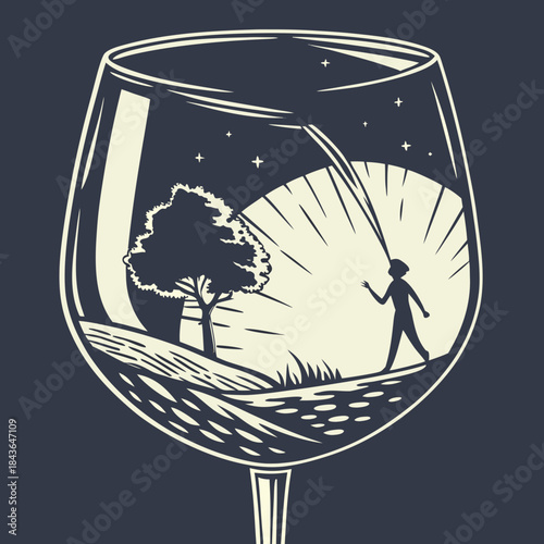 A solitary figure walks through a surreal landscape contained within a wine glass under a starry night sky with a large luminous moon or sun