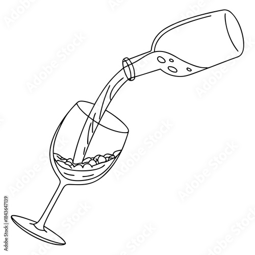 Simple line drawing of a bottle pouring liquid into a wine glass with bubbles forming on the surface of the liquid inside the glass