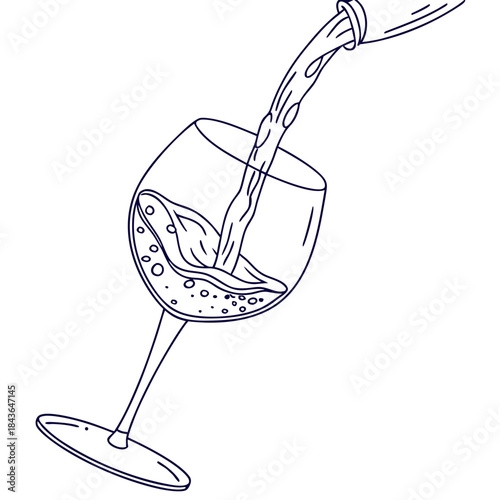 A simple line art illustration of dark blue liquid being poured from a bottle into a clear wine glass creating bubbles