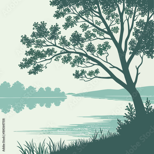 Serene natural landscape featuring a large silhouetted tree with lush foliage overlooking a calm river with reflections of distant trees and rolling hills under a pale sky