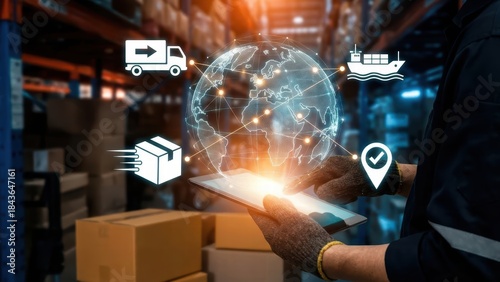 Global supply chain revolution innovative logistics management warehouse infographic digital environment close-up view efficiency and tracking