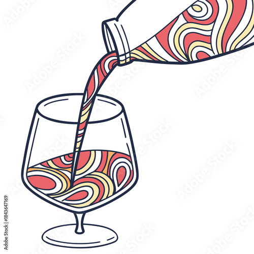 A stylized illustration depicts a bottle pouring a colorful liquid with a swirling abstract pattern into a clear glass creating a vibrant and artistic beverage scene