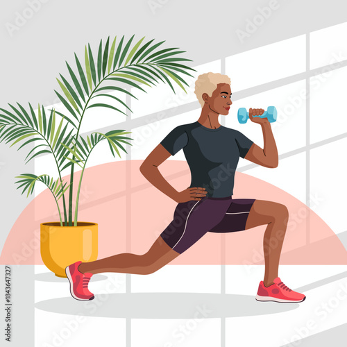 A fit woman engages in a workout routine using a dumbbell in a modern space, showcasing health consciousness and active lifestyle ideals with grace and determination.