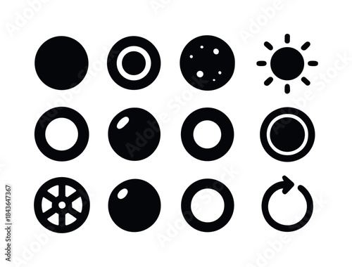 Round Icons Grid. Round. Solid icon set of Round: circle shape,