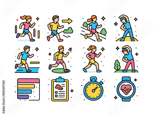 Running Training Icons. Running training. Colorful isometric vec