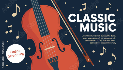 A stylish illustration highlighting the beauty of classical music with a prominent violin and musical notes creating a harmonious ambiance, representing the art of music and emotion.