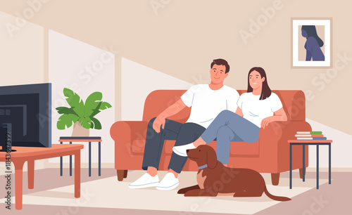 This cozy image features a couple relaxing with their dog on the couch, enjoying a peaceful evening together, highlighting love and companionship at home.