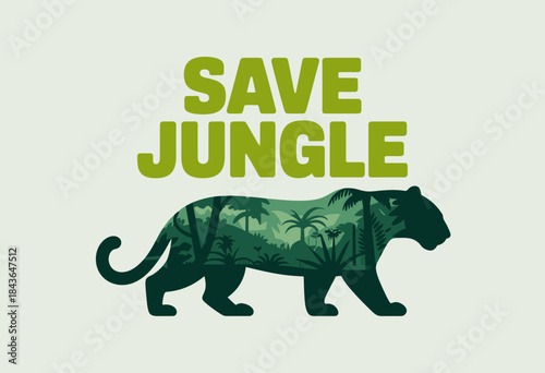 An impactful illustration featuring a green silhouette of a tiger walking through a jungle, emphasizing the message of conserving wildlife and the importance of nature.